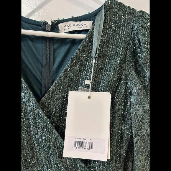 Mac Duggal Long Sleeve Beaded Lace Sequin Green Midi Cocktail Dress Sz 4 NWT - Picture 8 of 16